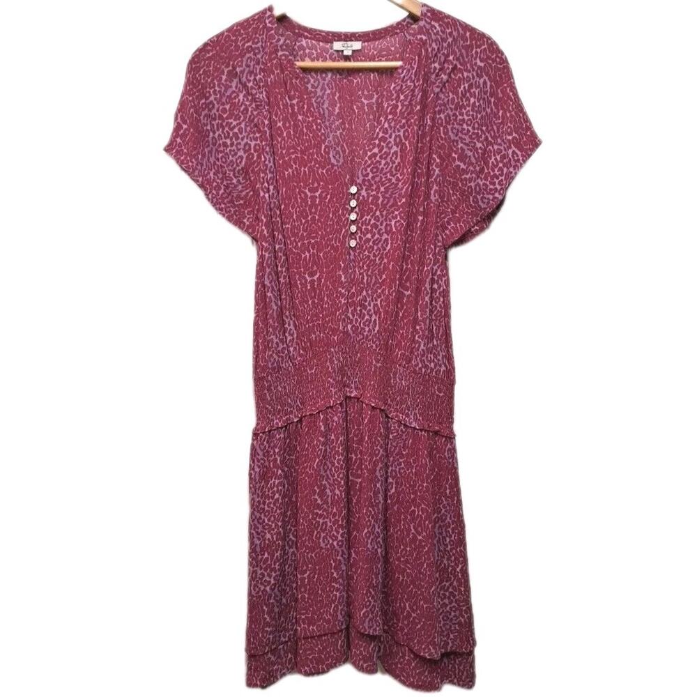 Rails Karla Smocked Mini Dress Womens L Magenta Cheetah Print Tiered Boho